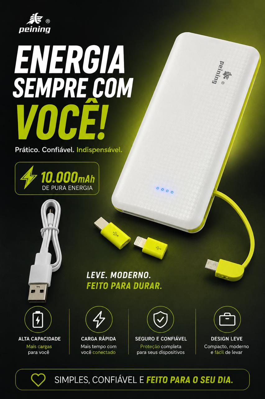 Power Bank 10000mah Peining Carregador Portatil Carga Rápida 3 Tipos de Saída Ativação por Balanço
