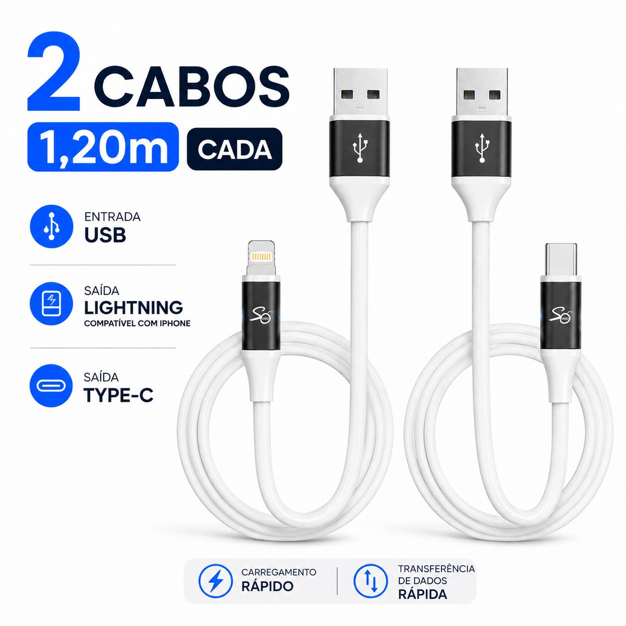 Kit 2 Cabos Silicone 1,20m Type-C + Lightning Compatível com Iphone Carga Rápida e Transferência de Dados