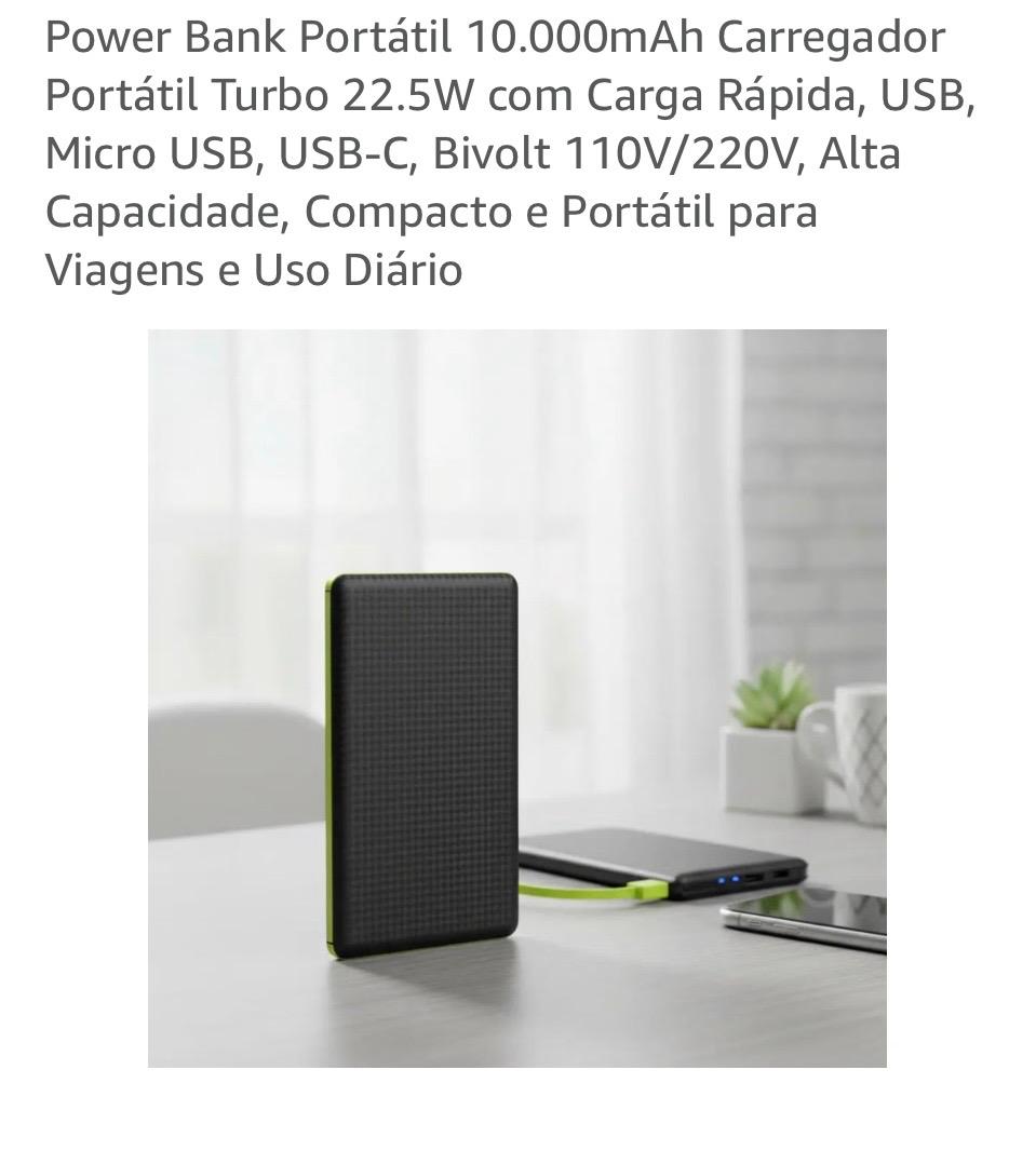 Carregador Portatil Power Bank Pincn 10000mah Usb Tipo-C e IOS
